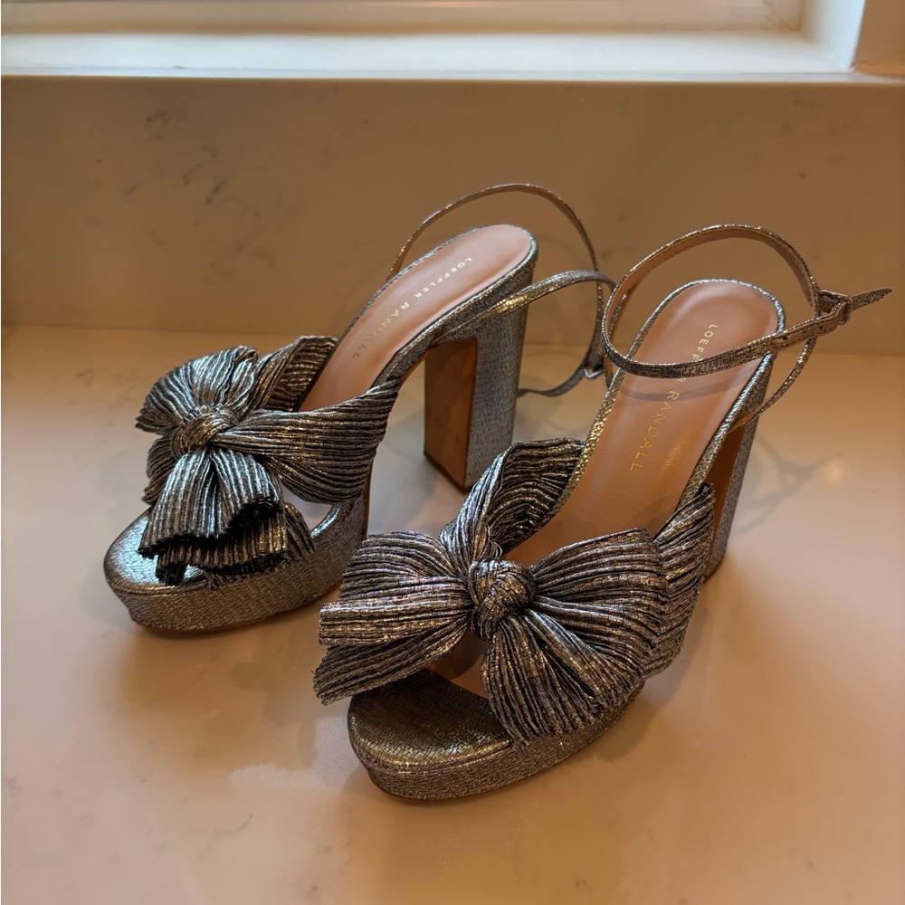Loeffler Randall Silver Platform Heels with Bow (4”)